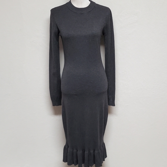 ROCOROSE Dark Gray Bodycon Mock Neck Long Sleeve Midi Ruffle Mermaid Dress M - Picture 2 of 11